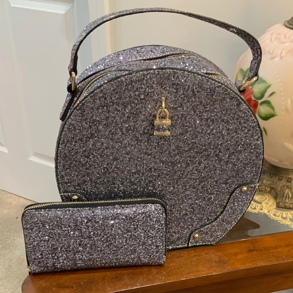 Glitter Round Top-Handle Bag with Matching Wallet - Silver